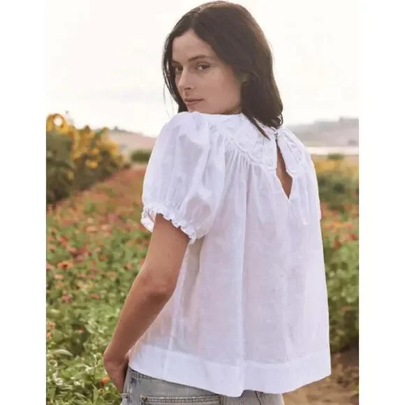 THE GREAT. Splendor Top White Puff Sleeve Cotton Size 0 / Small - Picture 4 of 9